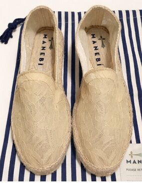 Manebí Lace Espadrilles Cream Sheer Slip On Shoes Size 38 Spain US 8